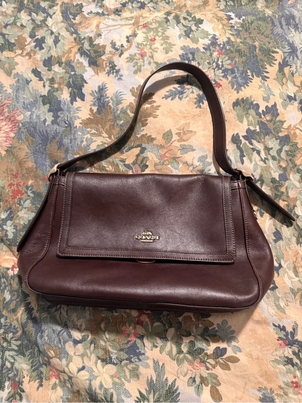 Coach Dark Brown Leather Shoulder Bag with Gold Logo